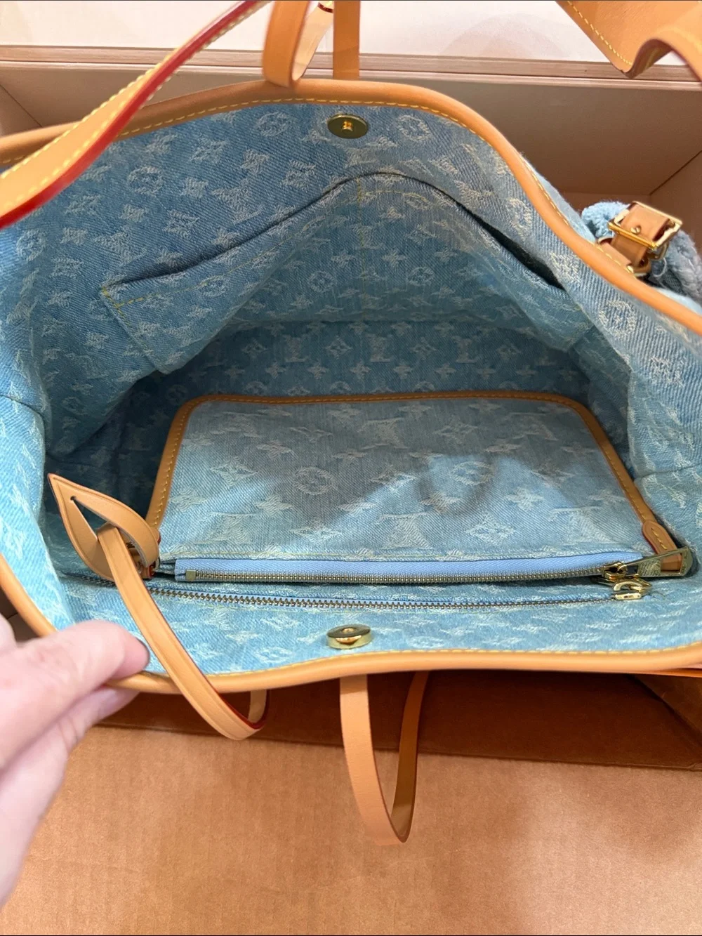Louis Vuitton Denim Monogram Tote in Light Blue with Tan Trim
